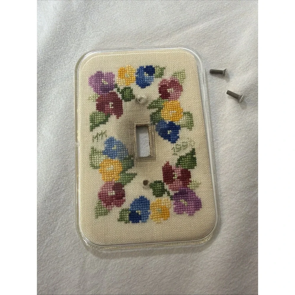 Vtg Finished Cross Stitch Single Toggle Light Switch Cover Floral Completed 1990